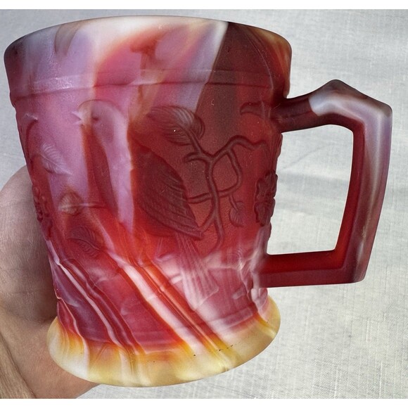 Imperial Glass End Of Day Slag Glass Mug Robins & Flowers Red Yellow White MINT - Picture 5 of 15